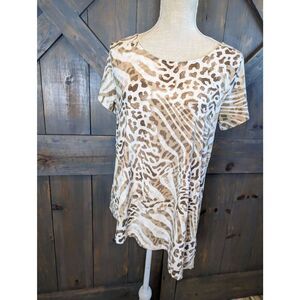 Chico's Shirt Blouse Women's 1 Small Medium Asymmetrical Cream Tan Leopard Print